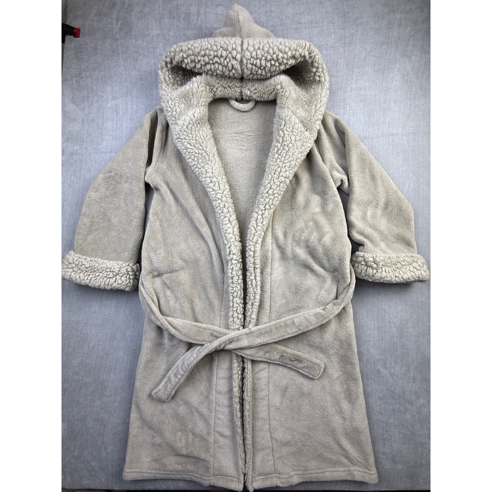Pottery Barn Hooded Fleece Robe Taupe Faux Fur Sherpa Trim Plush Loungewear‎ S/M
